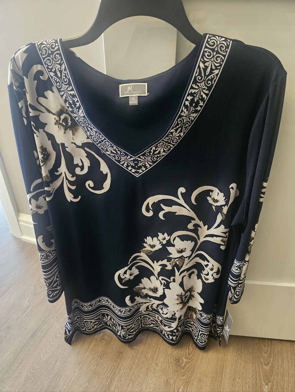JM Collection Navy and White V-Neck Floral Tunic